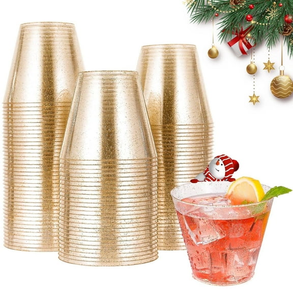Lamosi Disposable Plastic Cups,Gold Glitter ,9 oz,100 Count