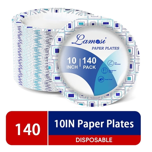 Lamosi Large Paper Plates, 10", 140 Count, 2X Stronger, Microwave-Safe, Soak-Proof, Disposable Plates