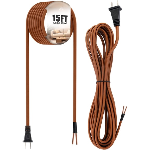 Lamp Cord with End Plug Replacement Electric Lamp Wire 15ft 18/2 SPT-2 Brown Weave Wire Stripped End Ready for Wiring Repair Part for Table Floor Lighting Fixture