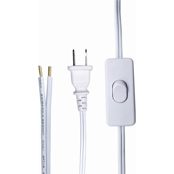 Lamp Cord with Switch Plug, 2 Prong Extension Cord Cable Replacement 8 Feet, 18 AWG, Stripped Ends Ready for Wiring and Repairing Lights, White
