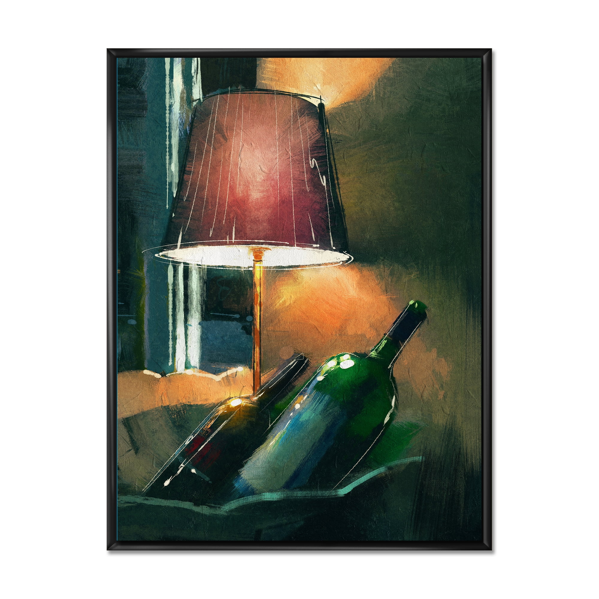 Lamp Glowing Orange In The Night and Wine Bottles 24 in x 32 in Framed Painting Canvas Art Print, by Designart