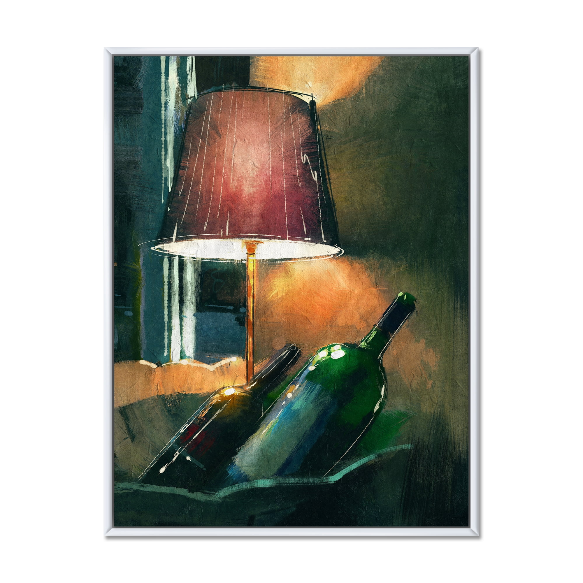 Lamp Glowing Orange In The Night and Wine Bottles 30 in x 40 in Framed Painting Canvas Art Print, by Designart