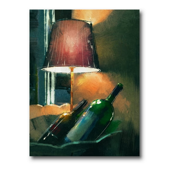 Lamp Glowing Orange In The Night and Wine Bottles 8 in x 12 in Painting Canvas Art Print, by Designart