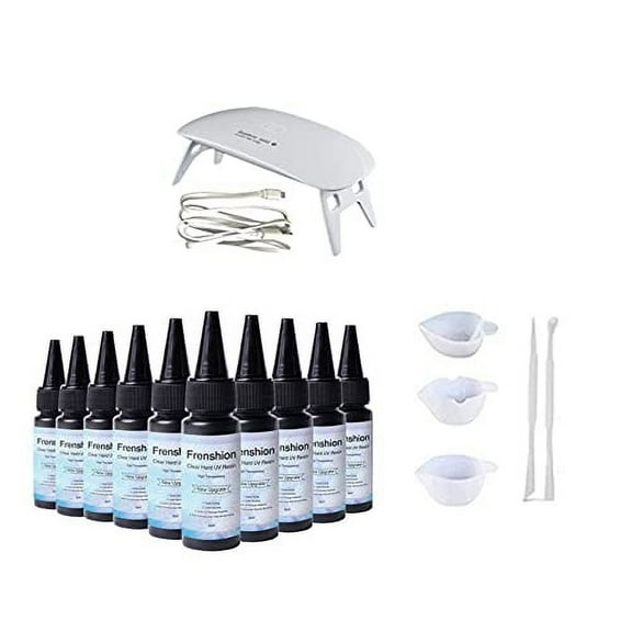 Lamp Included-10 Pieces 30ML Upgrade 1 Min Quick Cure! Hard Crystal UV Resin, UV Glue Ultraviolet Curing, Solar Cure Sunlight Activated Resin Adhesive Glue +5 Type of Silicone Resin Tool Cup Stick