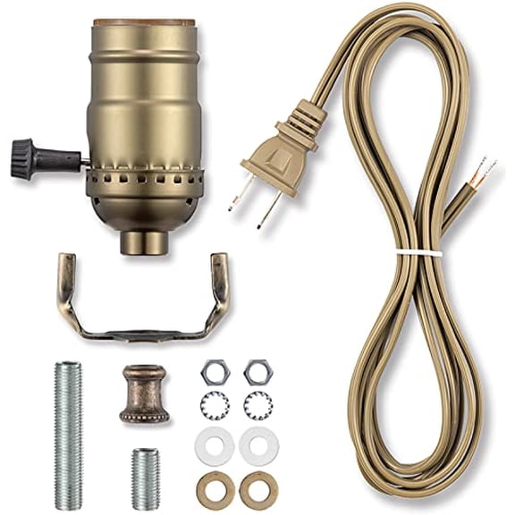 Lamp Making Kit, Lamp Parts for Repair Replacement or Rewire Table and Floor Lamps, 3 Way Socket 12 Foot Matching Cord and Essential Hardware, DIY Lamp Kits for Do It Yourself (Antique Brass)