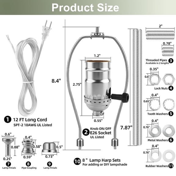 Lamp Making Kit, Lamp Rewire Kit, Lamp Socket with Matching Cord Lamp Harp Set (No Saddle Base), DIY Lamp Making Parts with 8inch Harp, Lamp Kits for Floor Lamps and Table Lamps (Nickel)