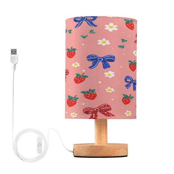Lamp Printed Gifts Table Lamp USB Bedside Desk Nightstand Lamp Wood Base for Bedroom Living Room Office Desk College Dorm Bows and Strawberries Pattern