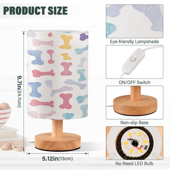 Lamp Printed Gifts Table Lamp USB Bedside Desk Nightstand Lamp Wood Base for Bedroom Living Room Office Desk College Dorm Cute Pastel Dog Bone Pattern