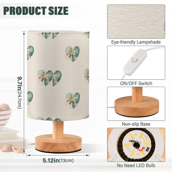 Lamp Printed Gifts Table Lamp USB Bedside Desk Nightstand Lamp Wood Base for Bedroom Living Room Office Desk College Dorm Emerald Green Hearts Pattern