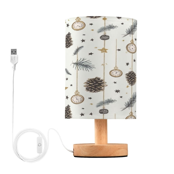 Lamp Printed Gifts Table Lamp USB Bedside Desk Nightstand Lamp Wood Base for Bedroom Living Room Office Desk College Dorm Hanging Clocks and Pine Cones