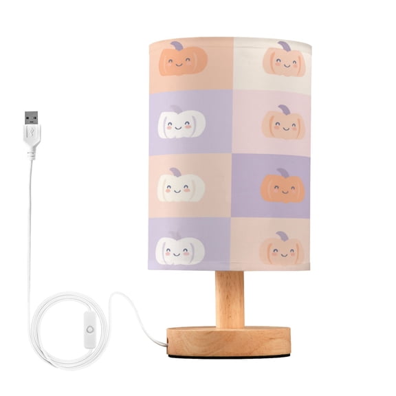 Lamp Printed Gifts Table Lamp USB Bedside Desk Nightstand Lamp Wood Base for Bedroom Living Room Office Desk College Dorm Pastel Colors Smiley Pumpkin