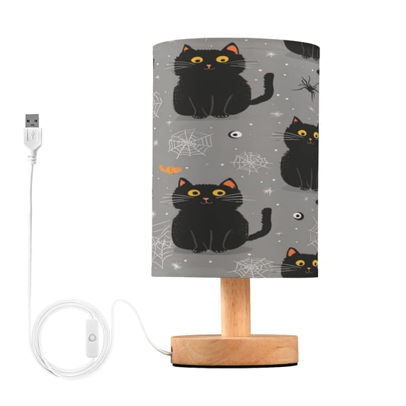Lamp Printed Gifts Table Lamp USB Bedside Desk Nightstand Lamp Wood Base for Bedroom Living Room Office Desk College Dorm Black Cat and Spider Web