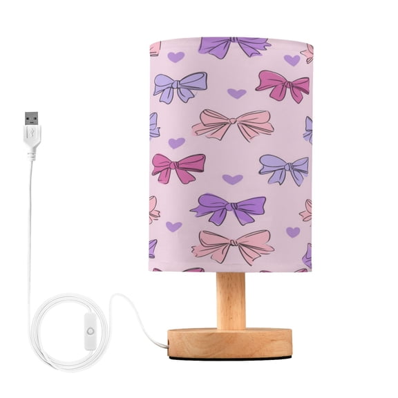 Lamp Printed Gifts Table Lamp USB Bedside Desk Nightstand Lamp Wood Base for Bedroom Living Room Office Desk College Dorm Bows and Heart Pattern