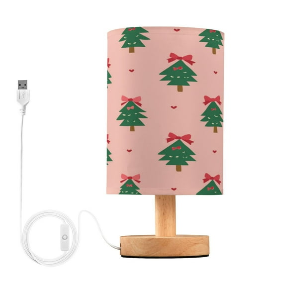 Lamp Printed Gifts Table Lamp USB Bedside Desk Nightstand Lamp Wood Base for Bedroom Living Room Office Desk College Dorm Green Trees and Red Bows