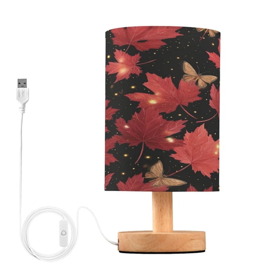 Lamp Printed Gifts Table Lamp USB Bedside Desk Nightstand Lamp Wood Base for Bedroom Living Room Office Desk College Dorm Maple Leaves and Fireflies
