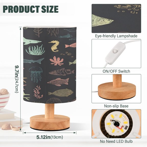 Lamp Printed Gifts Table Lamp USB Bedside Desk Nightstand Lamp Wood Base for Bedroom Living Room Office Desk College Dorm Marine Life Pattern
