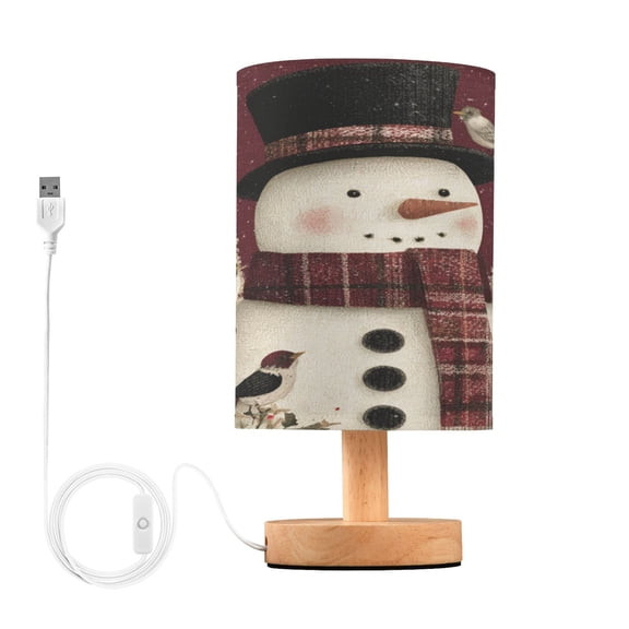 Lamp Printed Gifts Table Lamp USB Bedside Desk Nightstand Lamp Wood Base for Bedroom Living Room Office Desk College Dorm Snowman and Birds