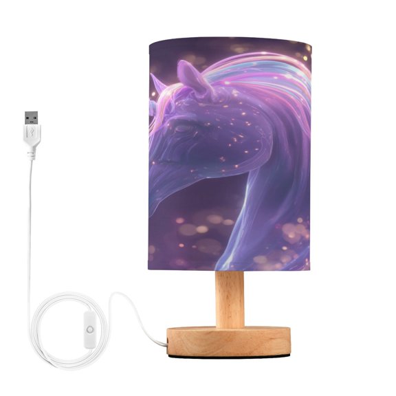 Lamp Printed Gifts Table Lamp USB Bedside Desk Nightstand Lamp Wood Base for Bedroom Living Room Office Desk College Dorm Unicorn with Rainbow Mane
