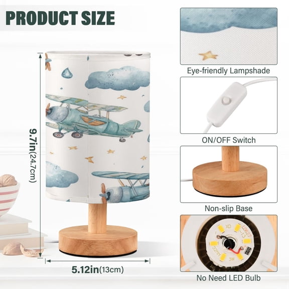 Lamp Printed Gifts Table Lamp USB Bedside Desk Nightstand Lamp Wood Base for Bedroom Living Room Office Desk College Dorm Watercolor Airplane Pattern