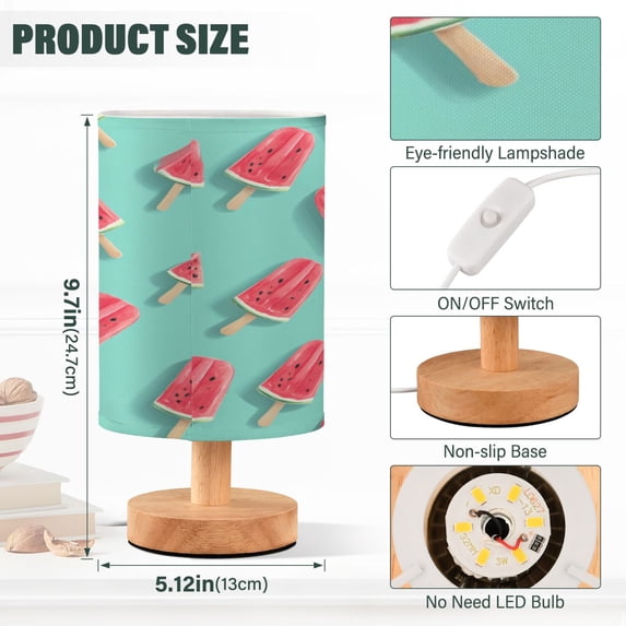 Lamp Printed Gifts Table Lamp USB Bedside Desk Nightstand Lamp Wood Base for Bedroom Living Room Office Desk College Dorm Watermelon Popsicle Pattern