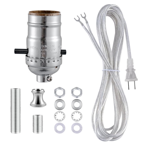 Lamp Rewire Kit,Lamp Socket Replacement Kit,Antique Brass Light Socket with Matching Electric Cord Set,DIY Lamp Making Kit Lamp Wiring Kit with All Essential Hardware (Silver, 1)