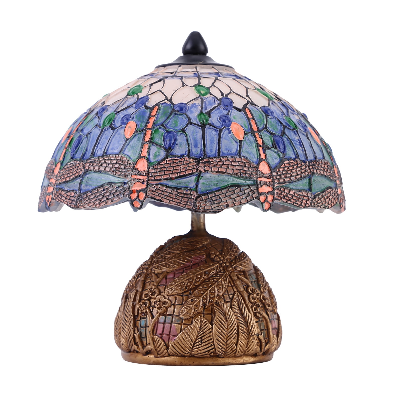 Lamp Sea Blue Stained Glass Dragonfly Style Desk Reading Light, Metal Leaf Table Lamp Base Decor Small Space Bedside Bedroom Home Office