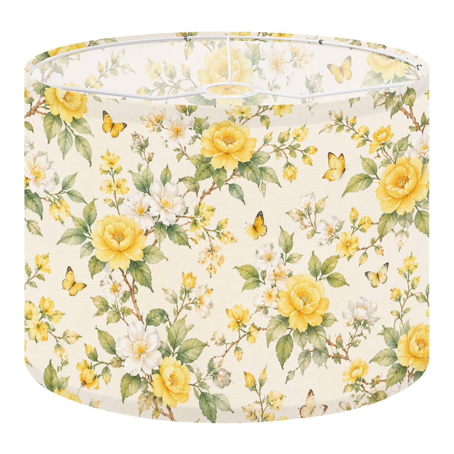 Shade Cloth For Roses Drum Lamp Shade Vintage Botanical Floral Yellow Roses Butterflies Cream ...
