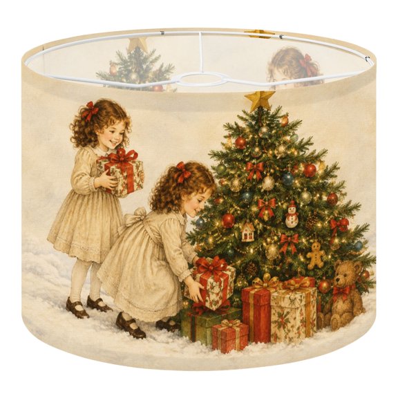 Lamp Shade 1 Pack Vintage Charming Christmas Mid Century Two Girls Tree Boho Drum Lampshade for Table Lamps and Floor Lamps Easy Assembly Decorative Light Shade for Bedroom Living Room 13 x 10 in