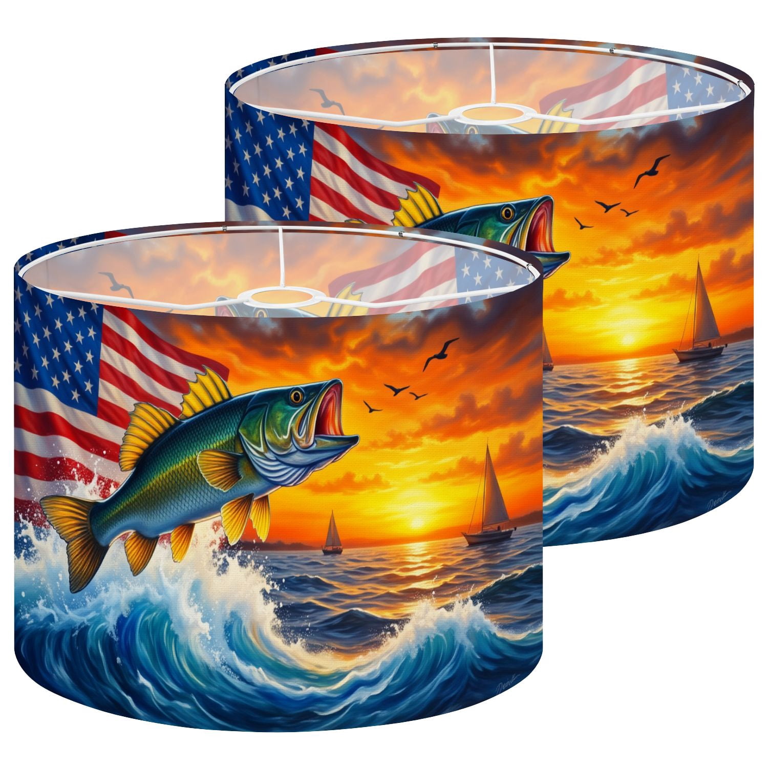 Lamp Shades Set of 2 Bass Fish Jumping American Flag Sunset Independence Day 13" x 13" x 10" Lampshade for Table Lamps Floor Lamps Lamp Shade Replacement Easy Assembly Required
