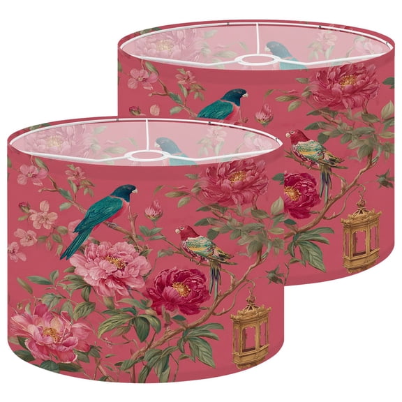 Lamp Shades Set of 2 Birds Lanterns Peonies Pink Floral 13" x 13" x 10" Lampshade for Table Lamps Floor Lamps Lamp Shade Replacement Easy Assembly Required