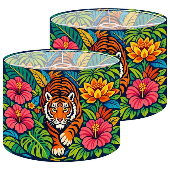 Lamp Shades Set of 2 Colorful Tiger Vibrant Jungle Flowers wildlife tropical 13" x 13" x 10" Lampshade for Table Lamps Floor Lamps Lamp Shade Replacement Easy Assembly Required
