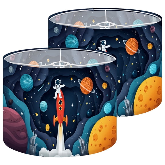Lamp Shades Set of 2 Cute Space Astronaut Rockets Planets Stars Galaxy Celestial 13" x 13" x 10" Lampshade for Table Lamps Floor Lamps Lamp Shade Replacement Easy Assembly Required