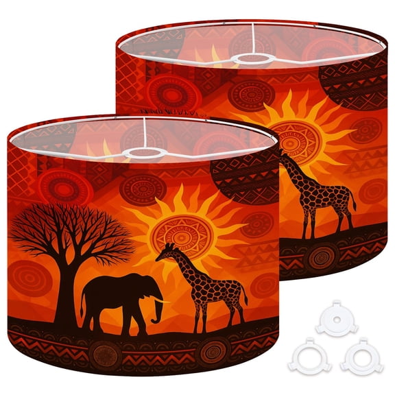Lamp Shades Set of 2 Easy Assembly African Tribe Symbol Africa Map Party Decorations Giraffes Elephants Drum Lampshades for Table Lamps Floor Lamps Pendant Light 13"x13"x10" Replacement Lamp Shade