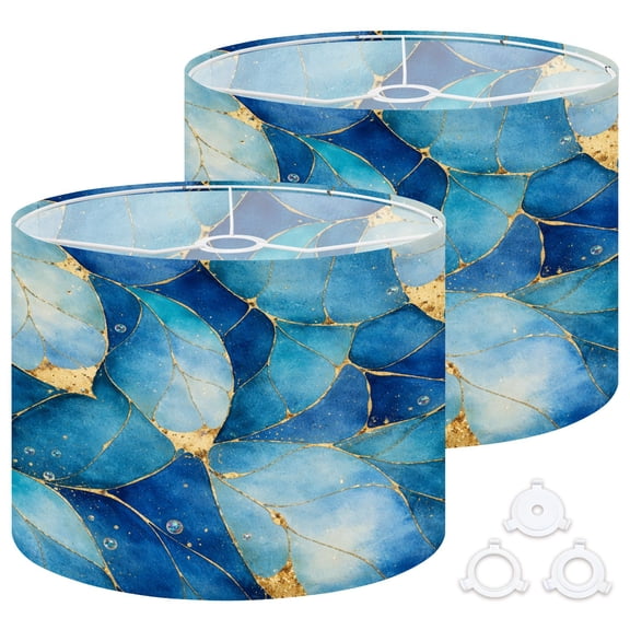 Lamp Shades Set of 2 Easy Assembly Blue Abstract Watercolor Leaves Gold Accents Bubbles Drum Lampshades for Table Lamps Floor Lamps Pendant Light 13"x13"x10" Replacement Lamp Shade