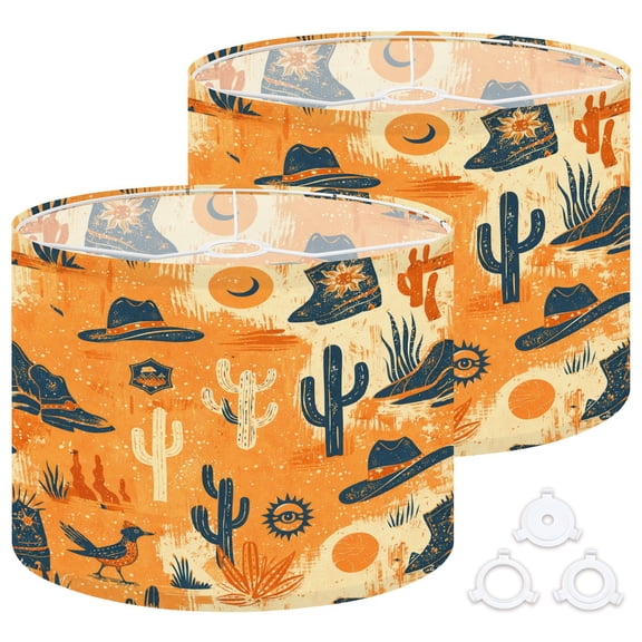 Lamp Shades Set of 2 Easy Assembly Desert Western Cacti Cowboy Hats Boots Sun Moon Warm Orange Tones Drum Lampshades for Table Lamps Floor Lamps Pendant Light 13"x13"x10" Replacement Lamp Shade