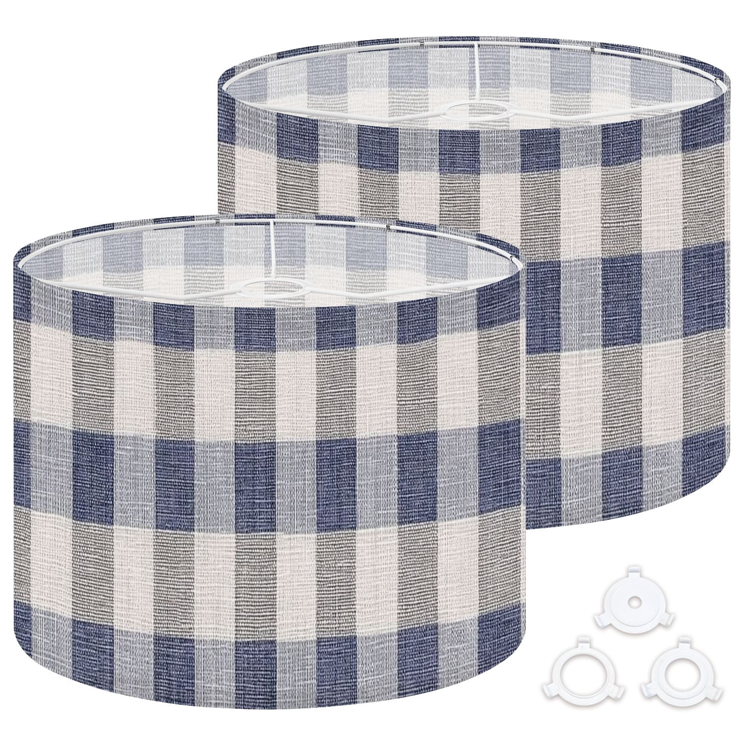Lamp Shades Set of 2 Easy Assembly French farmhouse blue plaid check seamless border Rustic tonal country Drum Lampshades for Table Lamps Floor Lamps Pendant Light 13"x13"x10" Replacement Lamp Shade