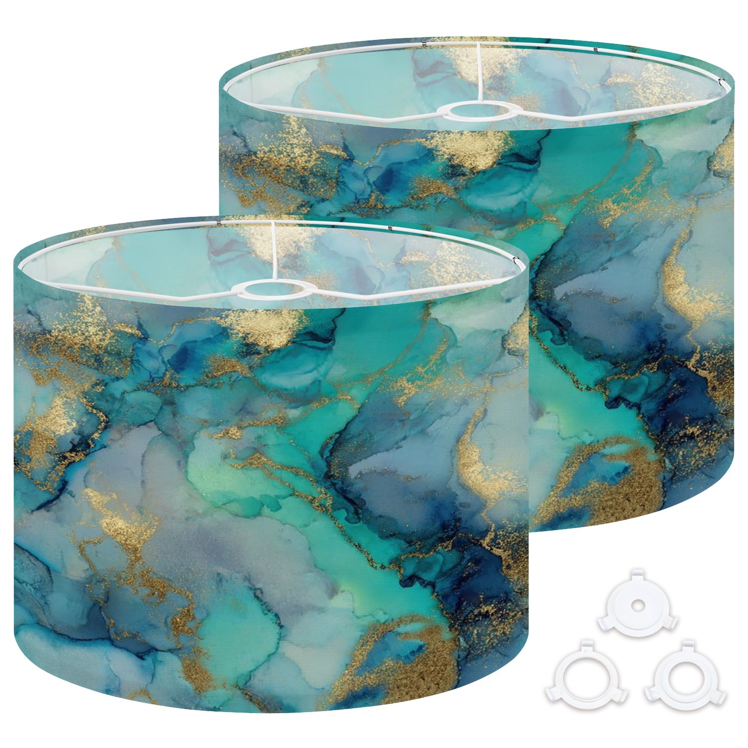 Lamp Shades Set of 2 Easy Assembly Gold Marble Alcohol Ink Blue Marble Watercolor Light Foil Drum Lampshades for Table Lamps Floor Lamps Pendant Light 13"x13"x10" Replacement Lamp Shade