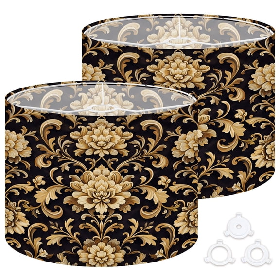 Lamp Shades Set of 2 Easy Assembly Golden Floral Damask Black Drum Lampshades for Table Lamps Floor Lamps Pendant Light 13"x13"x10" Replacement Lamp Shade