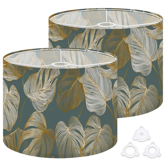 Lamp Shades Set of 2 Easy Assembly Luxury gold nature green Floral Golden split leaf Philodendron plant Drum Lampshades for Table Lamps Floor Lamps Pendant Light 13"x13"x10" Replacement Lamp Shade