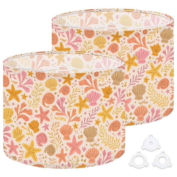Lamp Shades Set of 2 Easy Assembly Seashell Starfish Seamless Pastel Pink Peach Yellow Hand Drawn Ocean Drum Lampshades for Table Lamps Floor Lamps Pendant Light 13"x13"x10" Replacement Lamp Shade
