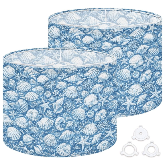 Lamp Shades Set of 2 Easy Assembly Seashells Starfish Blue White Coral Details Drum Lampshades for Table Lamps Floor Lamps Pendant Light 13"x13"x10" Replacement Lamp Shade