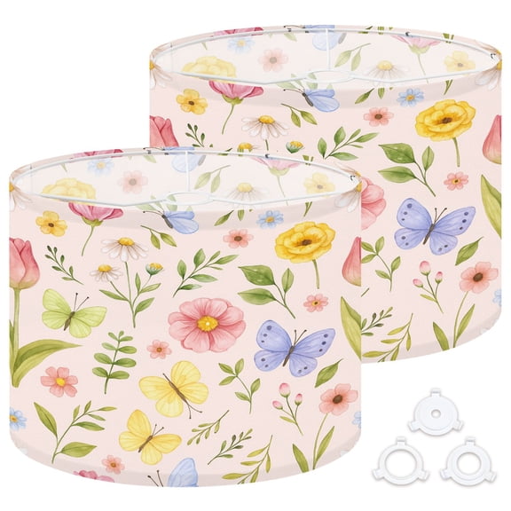 Lamp Shades Set of 2 Easy Assembly Watercolor floral pastel pink Spring wildflowers Drum Lampshades for Table Lamps Floor Lamps Pendant Light 13"x13"x10" Replacement Lamp Shade