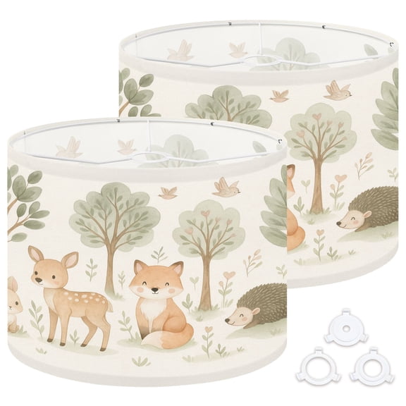 Lamp Shades Set of 2 Easy Assembly Woodland Animal Cute Wild Animals Fox Bear Deer Trees Fawn Hedgehog Drum Lampshades for Table Lamps Floor Lamps Pendant Light 13"x13"x10" Replacement Lamp Shade