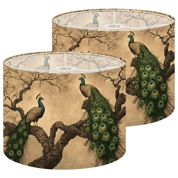 Lamp Shades Set of 2 Floral Vintage Green Peacock Bathroom Decor Geometric Birds 13" x 13" x 10" Lampshade for Table Lamps Floor Lamps Lamp Shade Replacement Easy Assembly Required