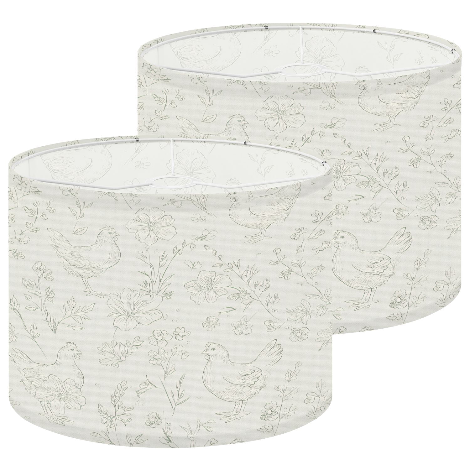 Lamp Shades Set of 2 Hand Drawn Chicken Floral Soft Green Tones 13" x 13" x 10" Lampshade for Table Lamps Floor Lamps Lamp Shade Replacement Easy Assembly Required