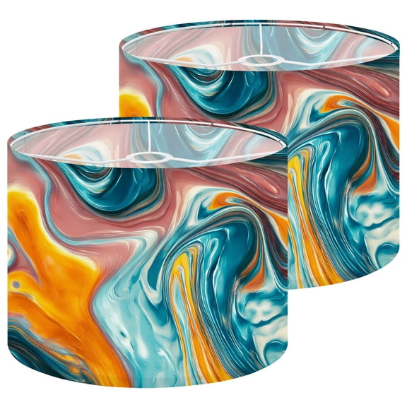 Lamp Shades Set of 2 Hand Mixed Liquid Turquoise Orange Paints Abstract Fluid 13" x 13" x 10" Lampshade for Table Lamps Floor Lamps Lamp Shade Replacement Easy Assembly Required
