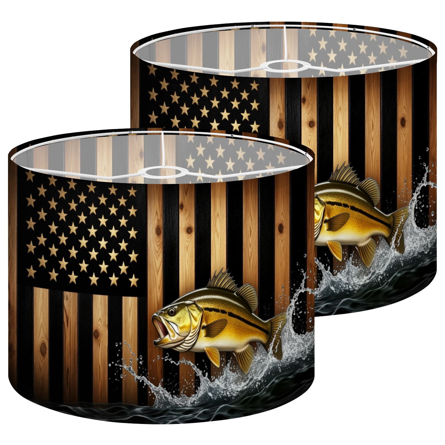 Lamp Shades Set of 2 Largemouth Bass Jumping American Flag Independence Day 13" x 13" x 10" Lampshade for Table Lamps Floor Lamps Lamp Shade Replacement Easy Assembly Required