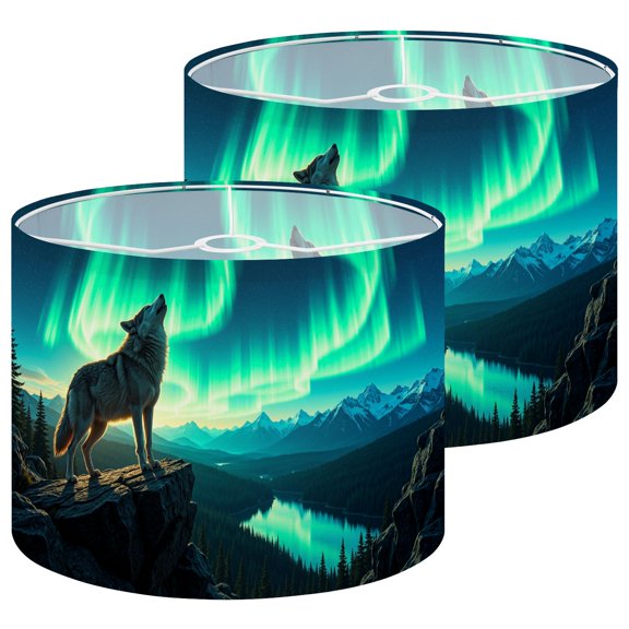 Lamp Shades Set of 2 Majestic Wolf Howling Under Vibrant Northern Lights Replacement Lamp Shade 13" x 13" x 10" Lampshade for Table Lamps Floor Lamps Easy Assembly Required
