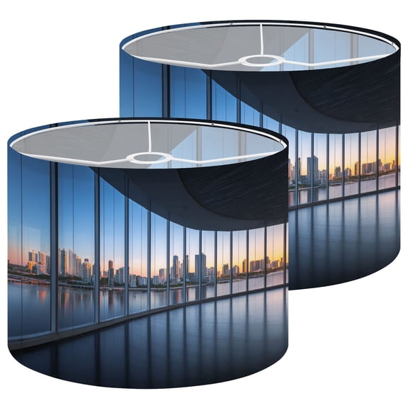 Lamp Shades Set of 2 Modern City Skyline Spacious Panoramic Glass Windows Sunset 13" x 13" x 10" Lampshade for Table Lamps Floor Lamps Lamp Shade Replacement Easy Assembly Required
