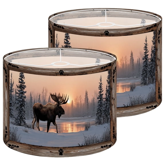 Lamp Shades Set of 2 Moose Standing Snowy Forest Sunset Wooden Paw Print Frame 13" x 13" x 10" Lampshade for Table Lamps Floor Lamps Lamp Shade Replacement Easy Assembly Required